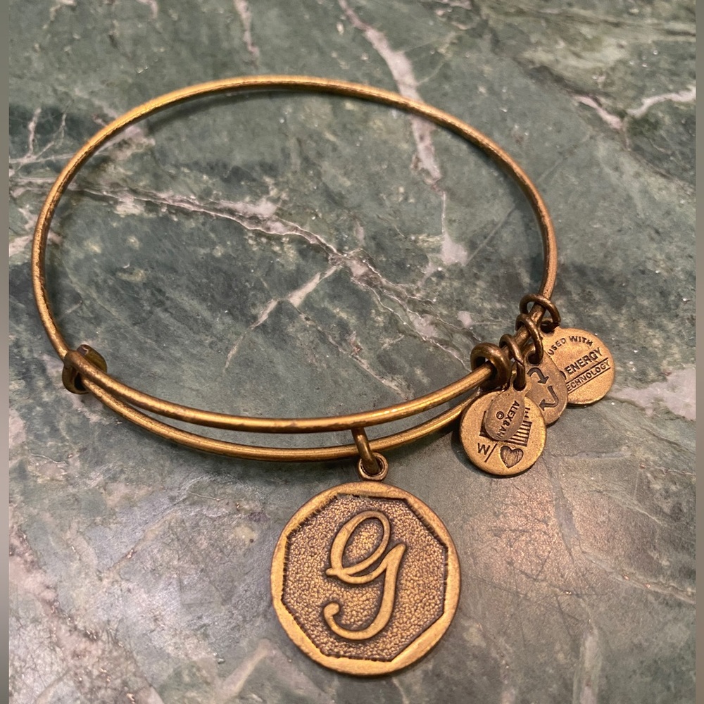 Alex and Ani Mini Script Initial “G” Charm Bangle Bracelet, Retired Style
